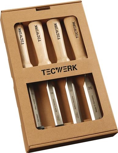 TECWERK Stechbeitelsatz 10,16,20,26 mm Weißbuchenheft Ulmer Form 4-teilig Fensterkarton