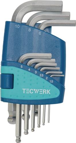 TECWERK Sechskantwinkelschraubendrehersatz 9-teilig Kunststoffhalter SW 1,5 - 10 mm kurz Kugelkopf S2-Stahl