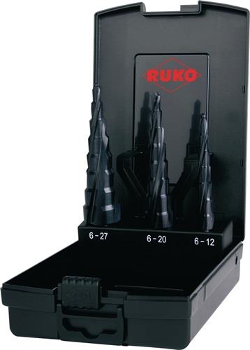 RUKO Stufenbohrersatz ULTIMATECUT Ø 6-12/6-20/6-27 mm HSS spiralgenutet 3 teilig Kunststoffkassette