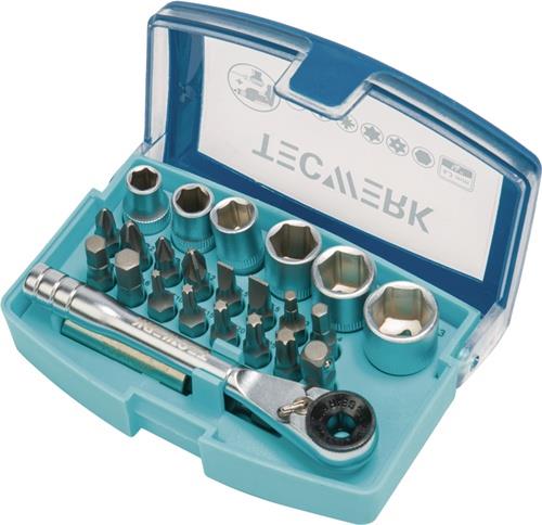 TECWERK Bit-/Steckschlüsselset 24-teilig Schlitz/PH/PZD/T/Knarre/6 Nüsse