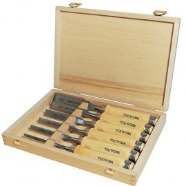 TECWERK Stechbeitelsatz 6,10,12,16,20,26 mm Weißbuchenheft Ulmer Form 6-teilig Holzkasten